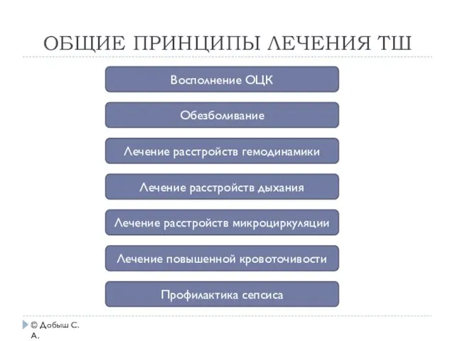 ОБЩИЕ ПРИНЦИПЫ ЛЕЧЕНИЯ ТШ © Добыш С.А. Восполнение ОЦК Обезболивание Лечение