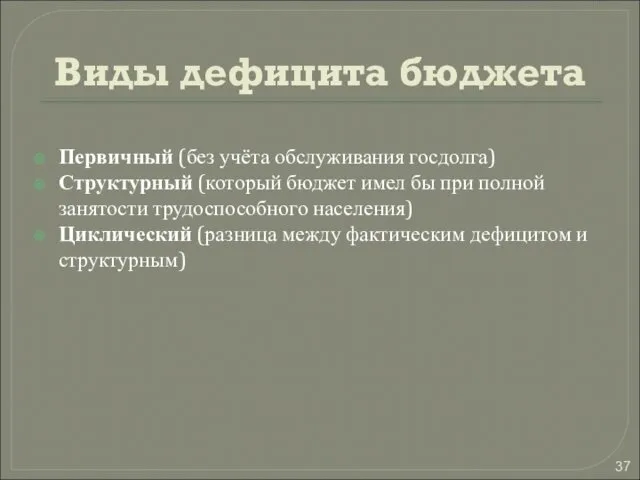 Виды дефицита бюджета Первичный (без учёта обслуживания госдолга) Структурный (который бюджет