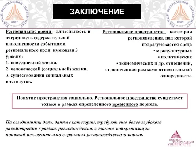 ЗАКЛЮЧЕНИЕ Региональное время – длительность и очередность содержательной наполненности событиями регионального