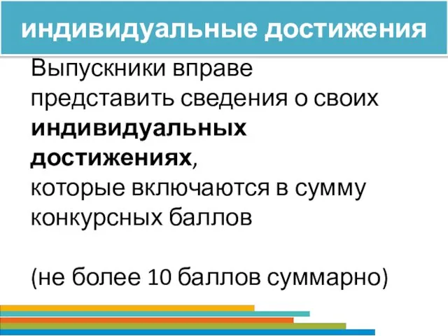 индивидуальные достижения Выпускники вправе представить сведения о своих индивидуальных достижениях, которые