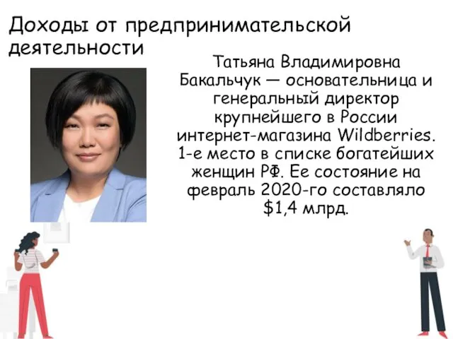 Доходы от предпринимательской деятельности Татьяна Владимировна Бакальчук — основательница и генеральный