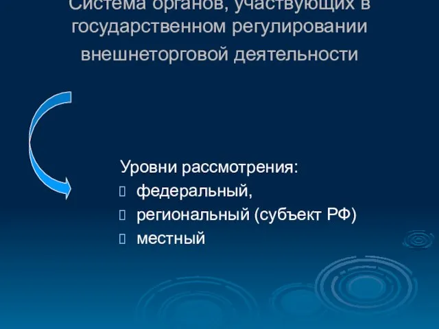 Система органов, участвующих в государственном регулировании внешнеторговой деятельности Уровни рассмотрения: федеральный, региональный (субъект РФ) местный