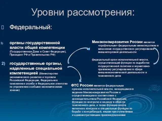 Уровни рассмотрения: Федеральный: органы государственной власти общей компетенции (Государственная Дума и