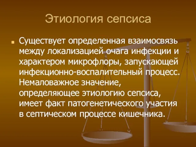 Этиология сепсиса Существует определенная взаимосвязь между локализацией очага инфекции и характером