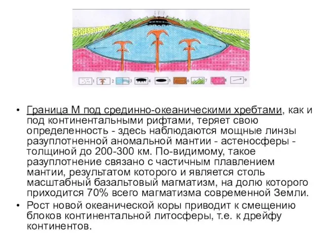 Граница М под срединно-океаническими хребтами, как и под континентальными рифтами, теряет