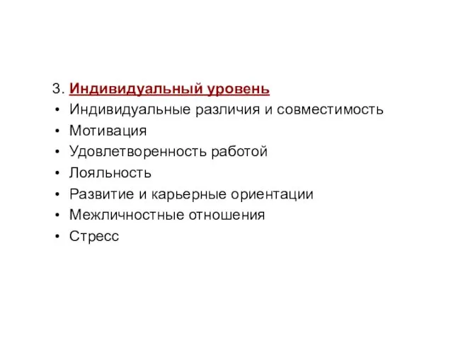 3. Индивидуальный уровень Индивидуальные различия и совместимость Мотивация Удовлетворенность работой Лояльность