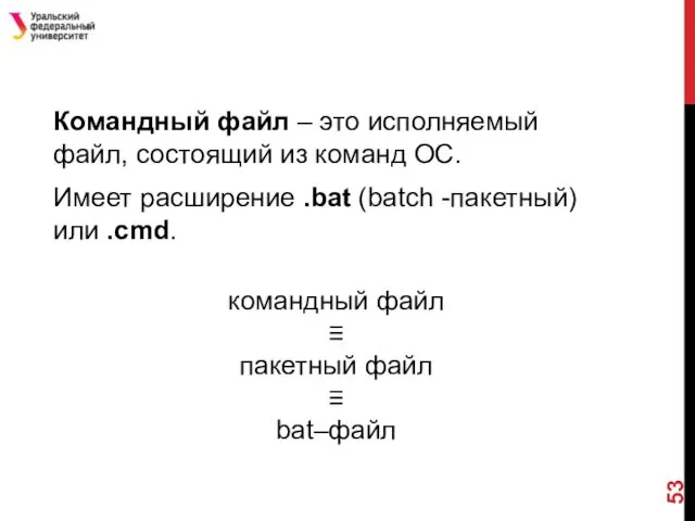 Командный файл – это исполняемый файл, состоящий из команд ОС. Имеет