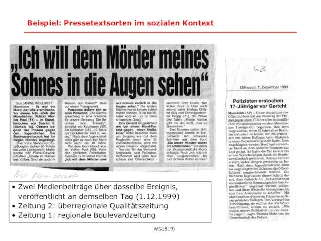 * Ringvorlesung Linguistikgeschichte :: Text- und Diskurslinguistik (Androutsopoulos WS1819) Beispiel: Pressetextsorten