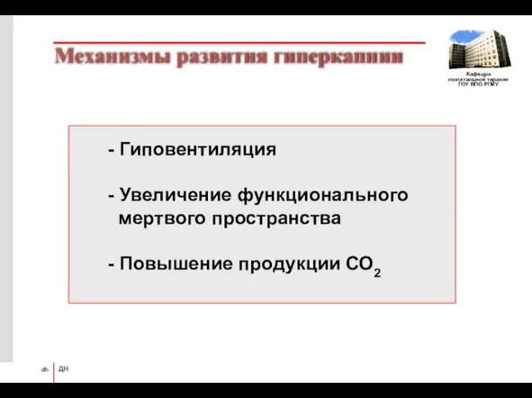 Механизмы развития гиперкапнии - Гиповентиляция - Увеличение функционального мертвого пространства - Повышение продукции СО2