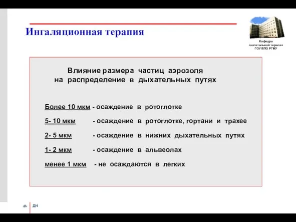 Ингаляционная терапия Влияние размера частиц аэрозоля на распределение в дыхательных путях