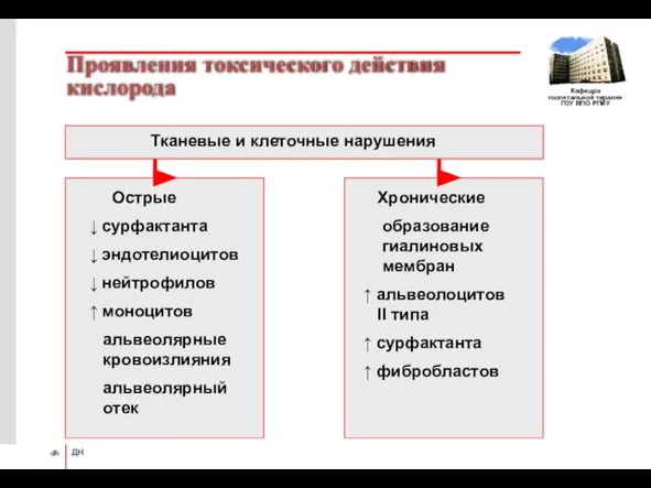 Проявления токсического действия кислорода Тканевые и клеточные нарушения Острые ↓ сурфактанта