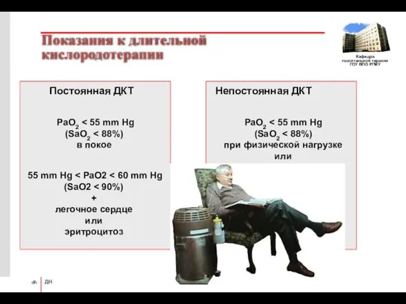 Показания к длительной кислородотерапии Постоянная ДКТ Непостоянная ДКТ РаО2 (SaO2 в