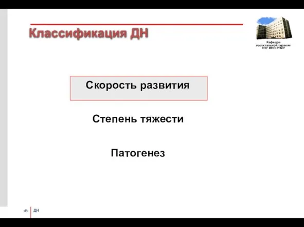 Классификация ДН Скорость развития Степень тяжести Патогенез