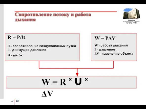 Сопротивление потоку и работа дыхания R = P/υ R - сопротивление