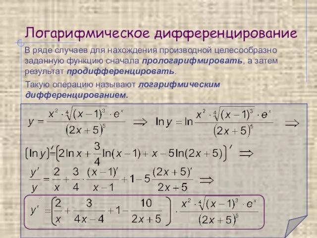 Логарифмическое дифференцирование В ряде случаев для нахождения производной целесообразно заданную функцию