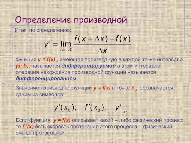 Определение производной Итак, по определению: Функция y = f(x) , имеющая