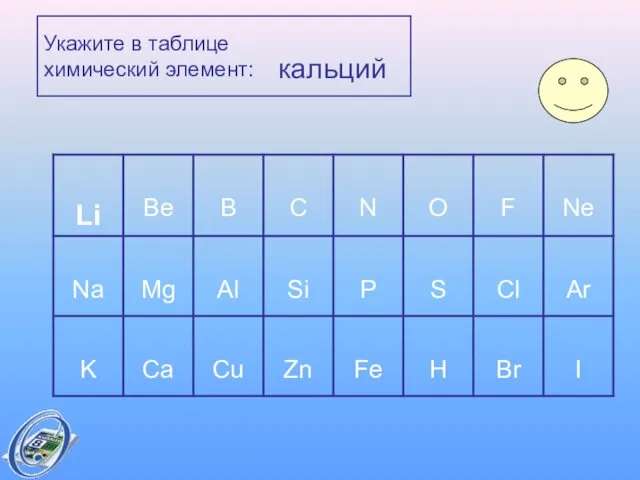 Укажите в таблице химический элемент: кальций