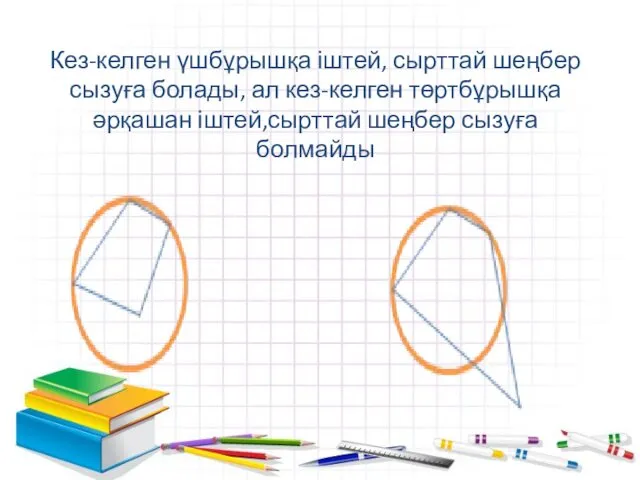 Кез-келген үшбұрышқа іштей, сырттай шеңбер сызуға болады, ал кез-келген төртбұрышқа әрқашан іштей,сырттай шеңбер сызуға болмайды