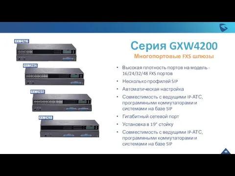 Высокая плотность портов на модель - 16/24/32/48 FXS портов Несколько профилей