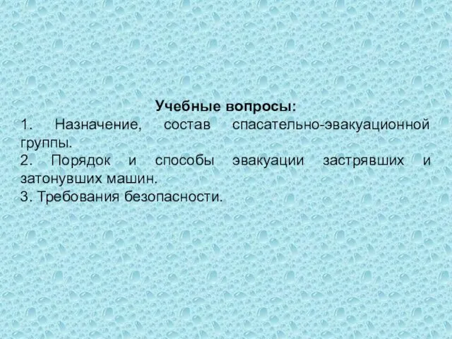 Учебные вопросы: 1. Назначение, состав спасательно-эвакуационной группы. 2. Порядок и способы