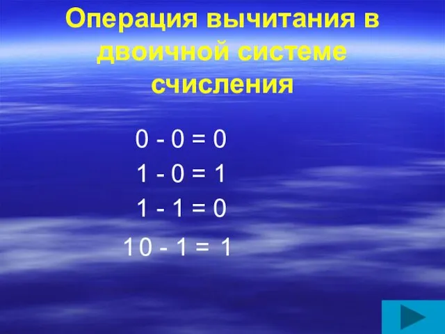 Операция вычитания в двоичной системе счисления 0 - 0 = 0