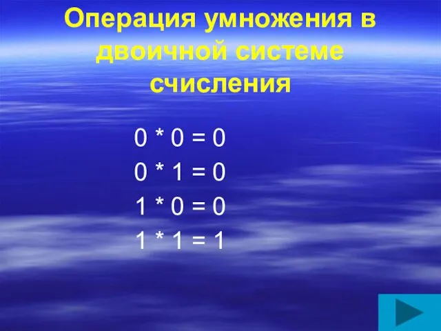 Операция умножения в двоичной системе счисления 0 * 0 = 0