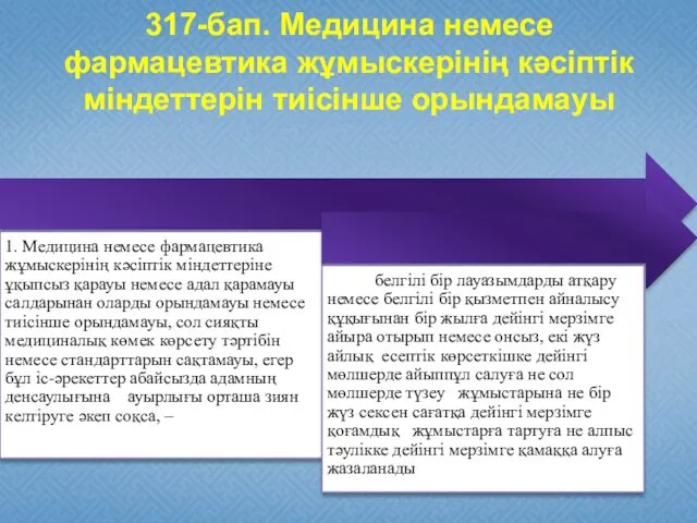 317-бап. Медицина немесе фармацевтика жұмыскерiнiң кәсiптік мiндеттерiн тиiсiнше орындамауы