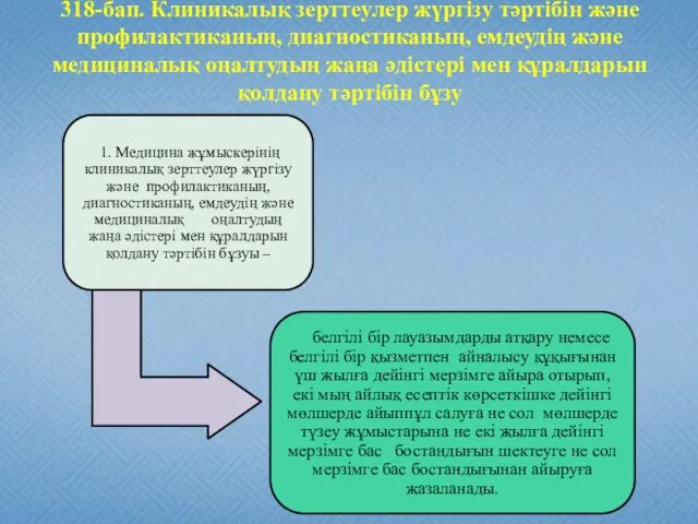 318-бап. Клиникалық зерттеулер жүргiзу тәртiбiн және профилактиканың, диагностиканың, емдеудiң және медициналық