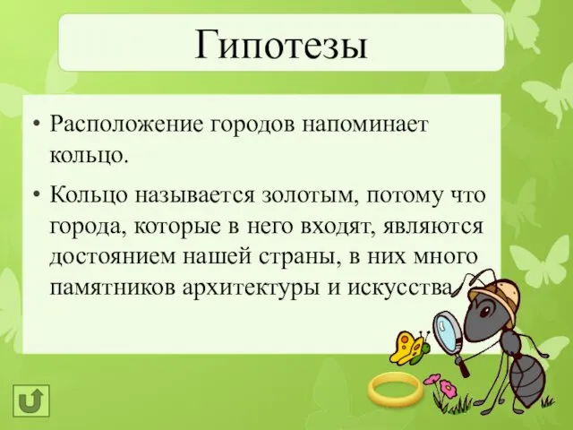 Гипотезы Расположение городов напоминает кольцо. Кольцо называется золотым, потому что города,