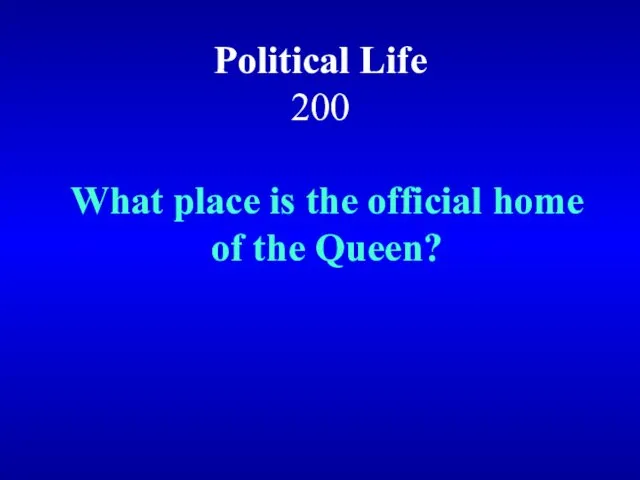 Political Life 200 What place is the official home of the Queen?