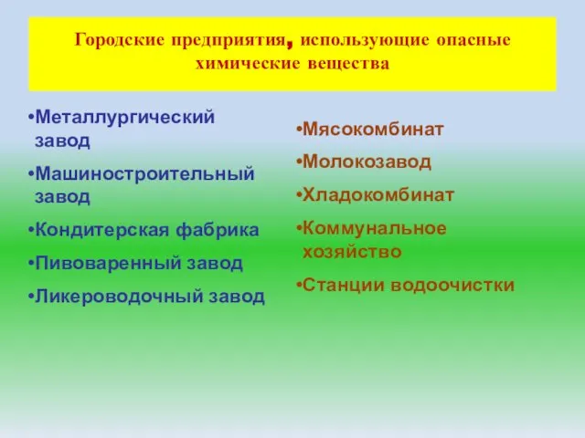 Городские предприятия, использующие опасные химические вещества Металлургический завод Машиностроительный завод Кондитерская