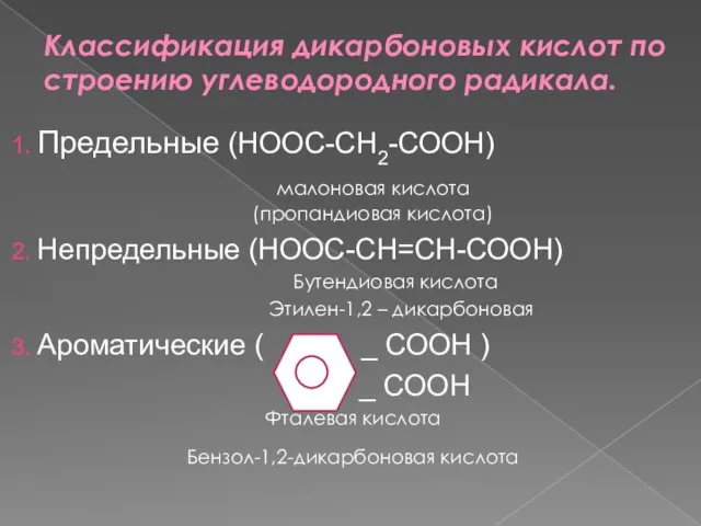 Классификация дикарбоновых кислот по строению углеводородного радикала. 1. Предельные (НООС-СН2-СООН) малоновая
