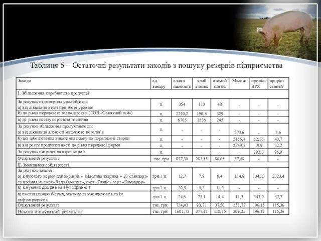 Таблиця 5 – Остаточні результати заходів з пошуку резервів підприємства