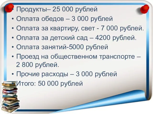 Продукты– 25 000 рублей Оплата обедов – 3 000 рублей Оплата