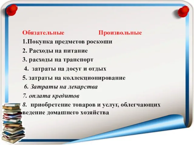 Обязательные Произвольные 1.Покупка предметов роскоши 2. Расходы на питание 3. расходы