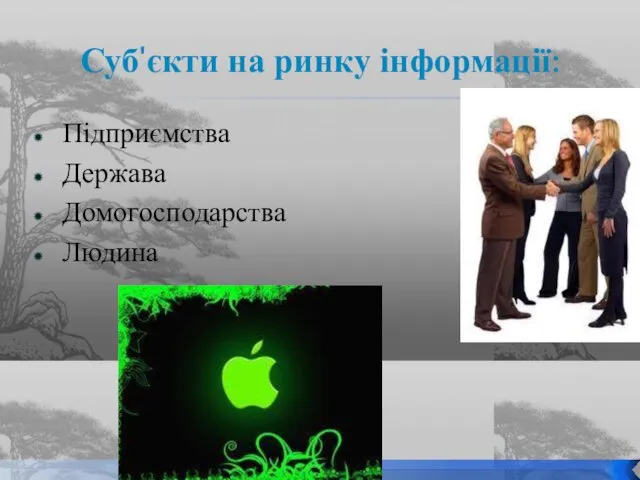 Суб'єкти на ринку інформації: Підприємства Держава Домогосподарства Людина