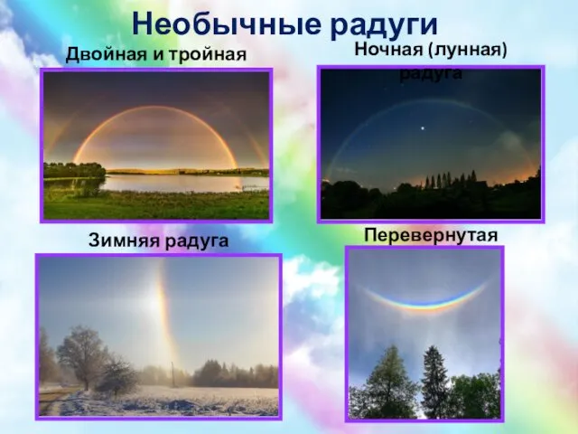 Необычные радуги Двойная и тройная радуга Ночная (лунная) радуга Зимняя радуга Перевернутая радуга