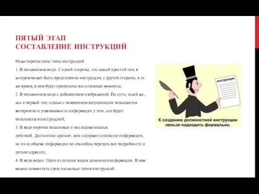 ПЯТЫЙ ЭТАП СОСТАВЛЕНИЕ ИНСТРУКЦИЙ Ниже перечислены типы инструкций: 1. В письменном