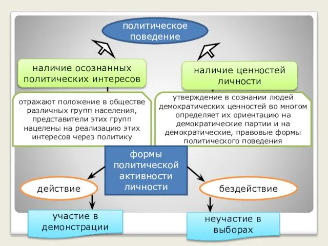 политическое поведение наличие осознанных политических интересов наличие ценностей личности отражают положение