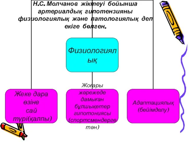 Н.С. Молчанов жіктеуі бойынша артериалдық гипотензияны физиологиялық және патологиялық деп екіге бөлген.