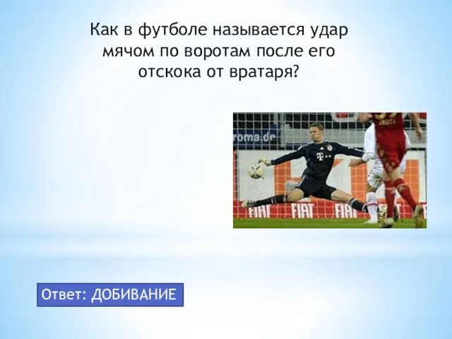 Как в футболе называется удар мячом по воротам после его отскока от вратаря? Ответ: ДОБИВАНИЕ