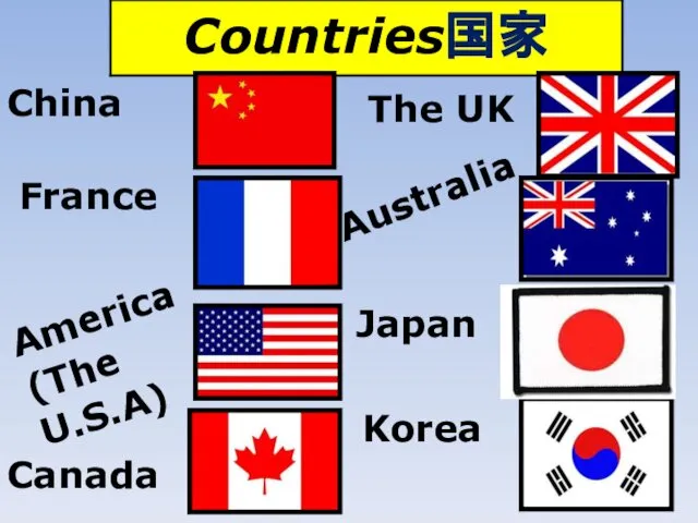 China The UK France Australia America (The U.S.A) Japan Canada Korea
