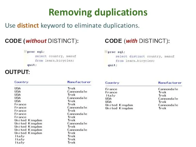 Removing duplications Use distinct keyword to eliminate duplications. CODE (without DISTINCT): CODE (with DISTINCT): OUTPUT: