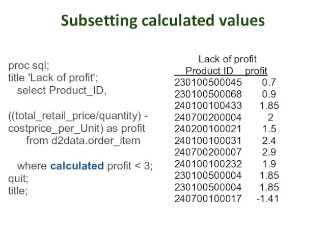 Subsetting calculated values proc sql; title 'Lack of profit'; select Product_ID,