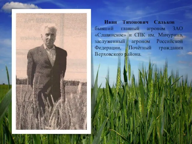 Иван Тихонович Сальков –бывший главный агроном ЗАО «Славянское» и СПК им.