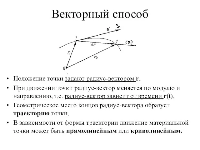 Векторный способ Положение точки задают радиус-вектором r. При движении точки радиус-вектор