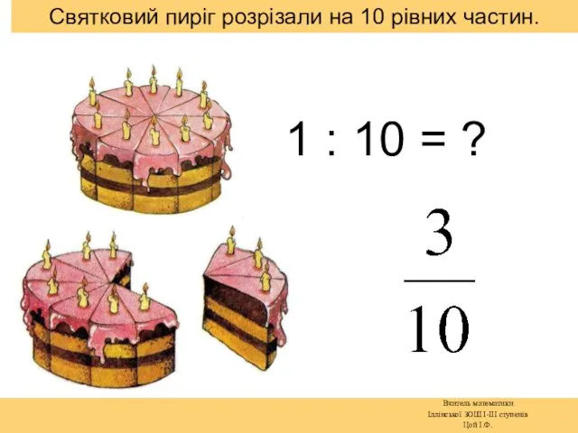 Святковий пиріг розрізали на 10 рівних частин. 1 : 10 =