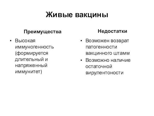 Живые вакцины Высокая иммуногенность (формируется длительный и напряженный иммунитет) Возможен возврат