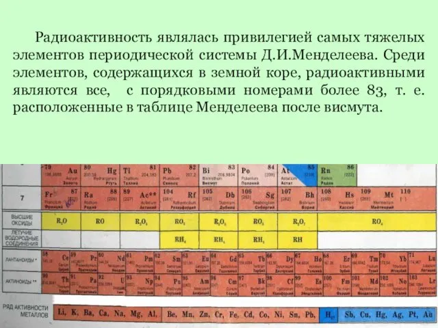 Радиоактивность являлась привилегией самых тяжелых элементов периодической системы Д.И.Менделеева. Среди элементов,