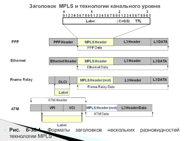 Рис. 6-36.4. Форматы заголовков нескольких разновидностей технологии MPLS Заголовок MPLS и технологии канального уровня